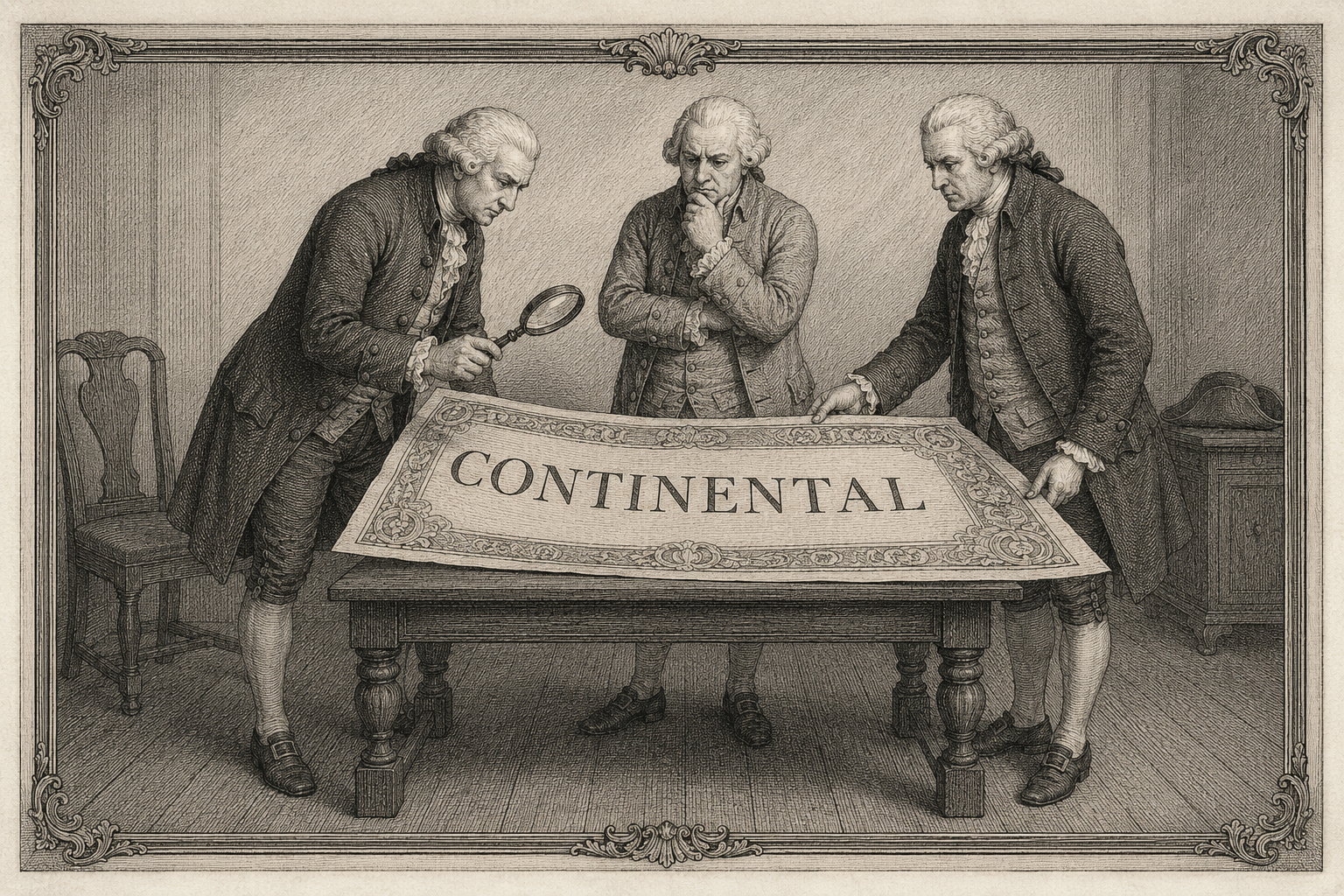 A copperplate engraving of colonial gentlemen gravely examining a Continental banknote of no value.