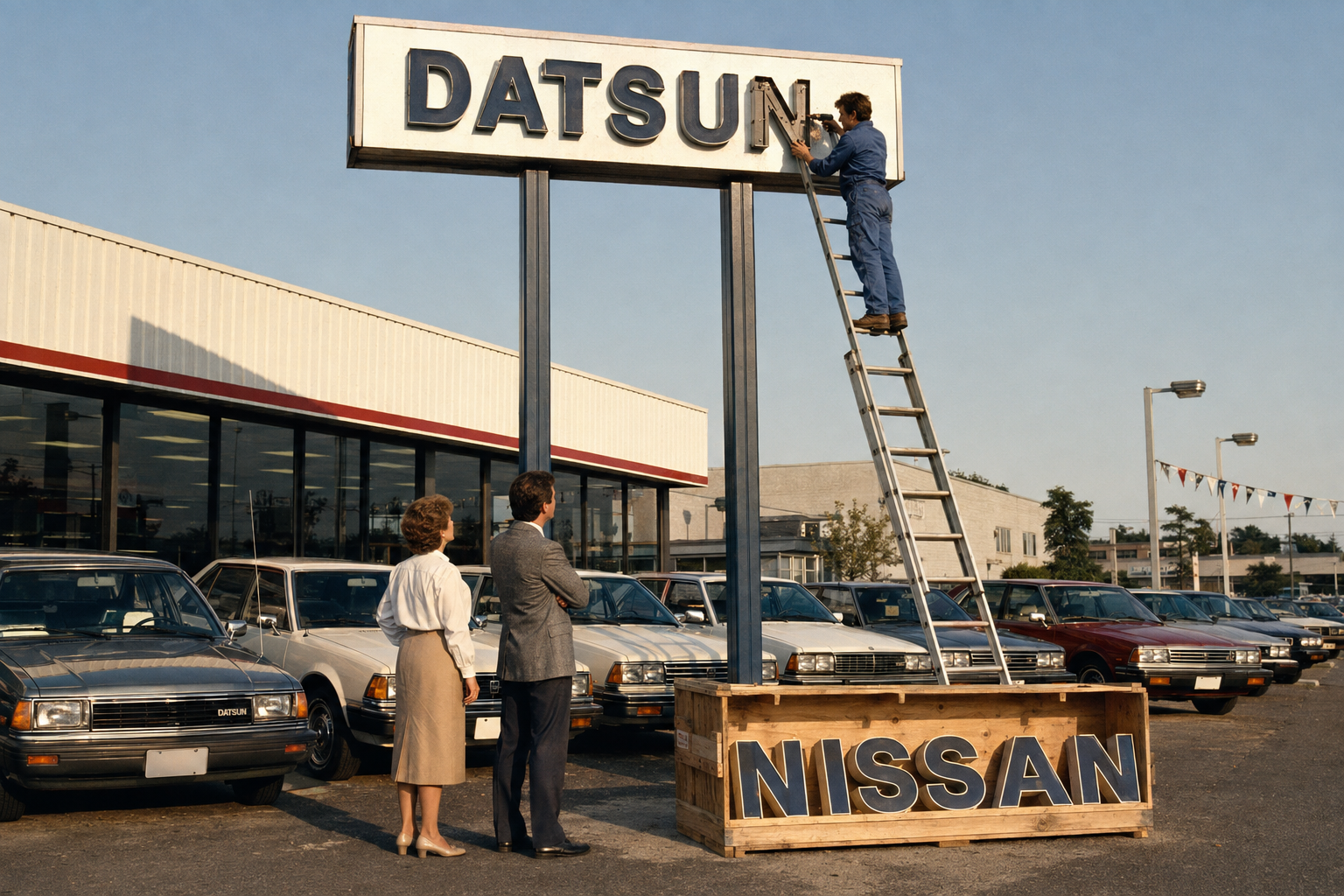 A mid-1980s car dealership worker on a ladder swapping the 'DATSUN' letters on the sign for 'NISSAN'.